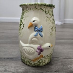 1995 Handpainted Duck Utensil Holder Vase Decor Ceramic Cottage Cabin Farmhouse